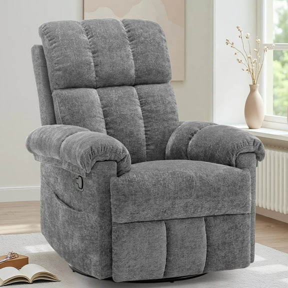 YSICK Swivel Rocker Recliner Chair for Adults with Side Pockets Small Recliners for Small Spaces for Living Room, Nursery, Chenille, Grey