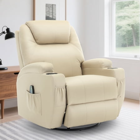 YSICK Swivel Rocker Recliner Chair with Massage PU Leather for Living Room,Beige