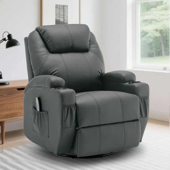 YSICK Swivel Rocker Recliner Chair with Massage PU Leather for Living Room,Grey