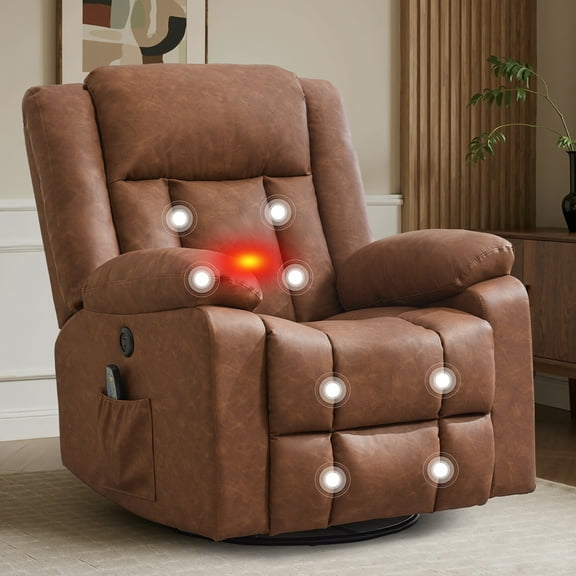 YSICK Swivel Rocker Recliner Chair with USB Ports Faux Leather for Living Room,Light Brown