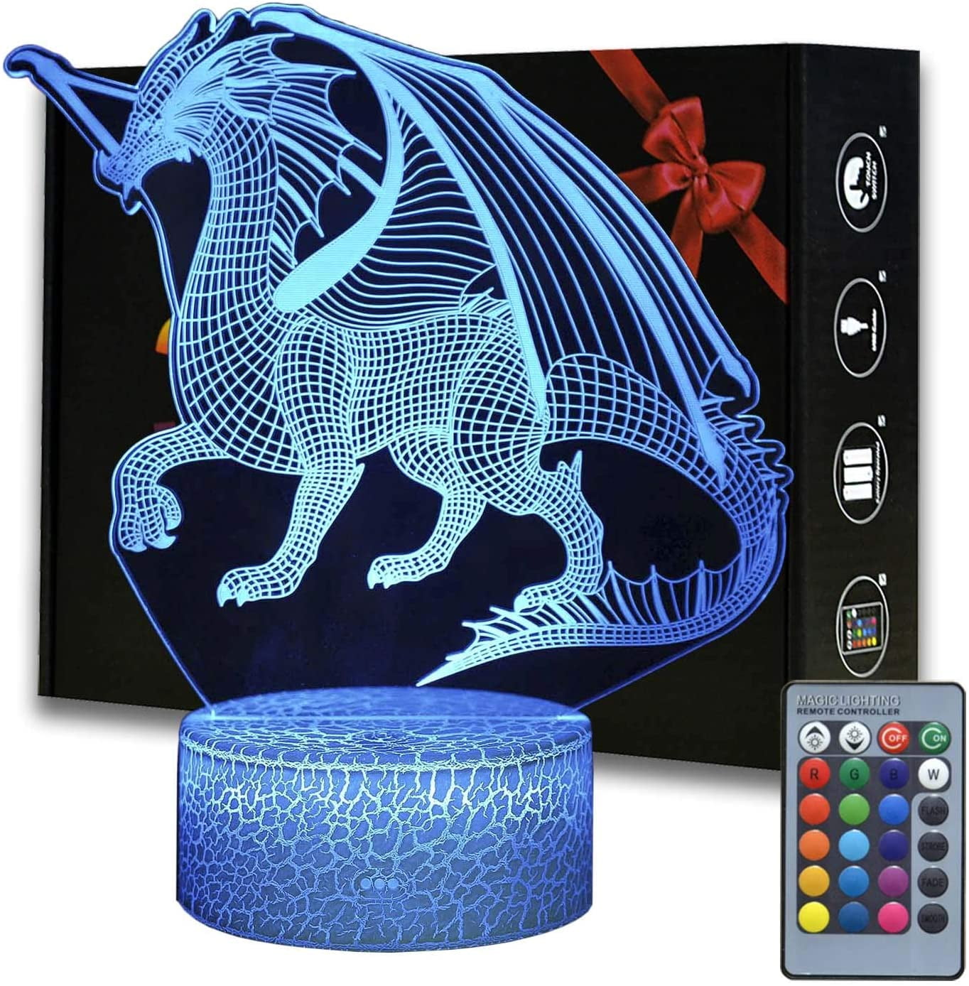 YSITIAN 3D Optical Illusion Dragon Night Lights, Dragon Table Lamp with Remote Control Kids Bedroom Decor Lamp Sleeping Lights, Creative Lamps for Kids Birthd YT04-472
