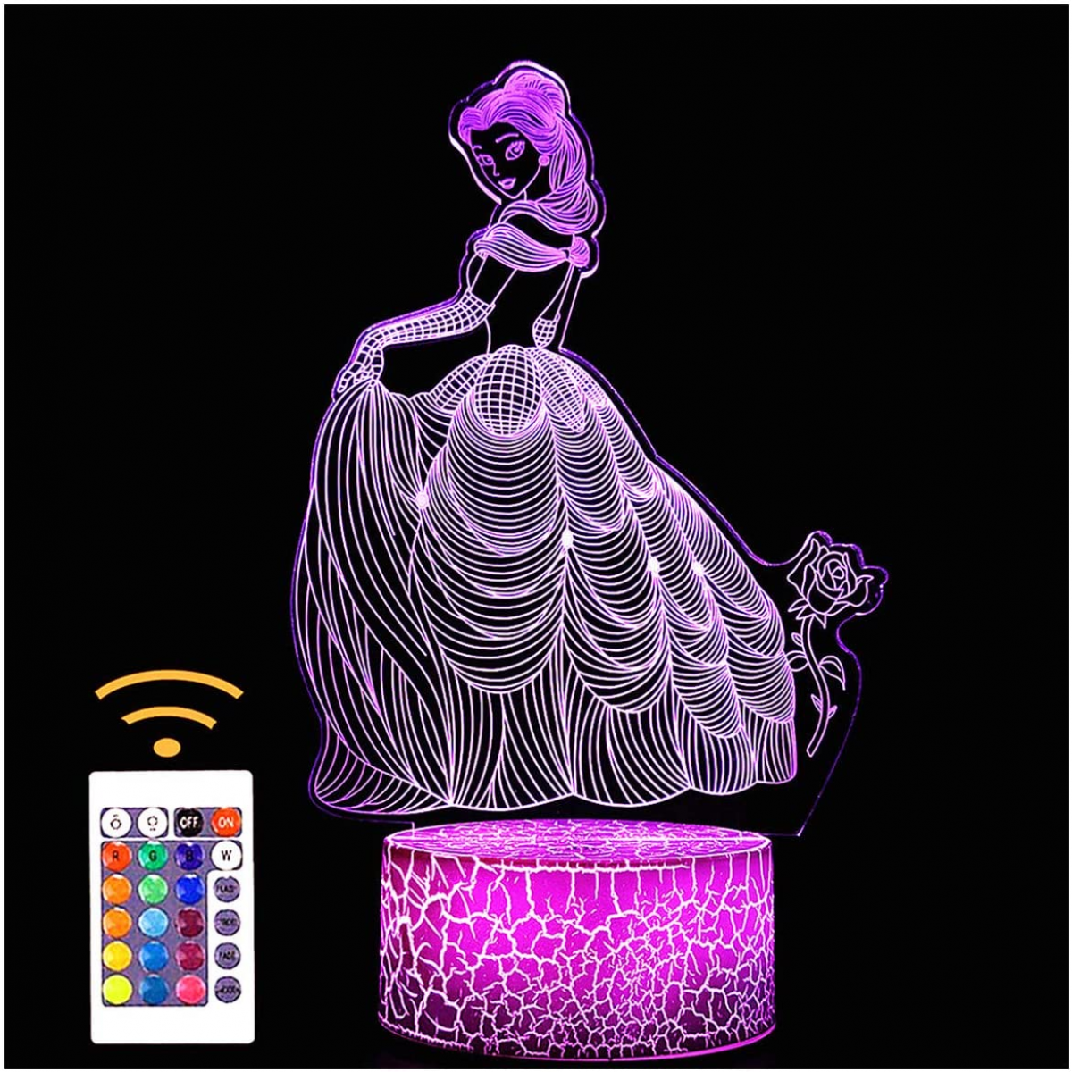 YSITIAN Child Princess 3D Illusion Night Light Visual Creative LED Desk Lamp Touch remote control 16 Color Change for Home Decorations or Kids Girl Gifts YT-14197