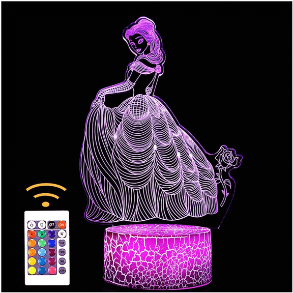 YSITIAN Child Princess 3D Illusion Night Light Visual Creative LED Desk Lamp Touch remote control 16 Color Change for Home Decorations or Kids Girl Gifts YT-14197