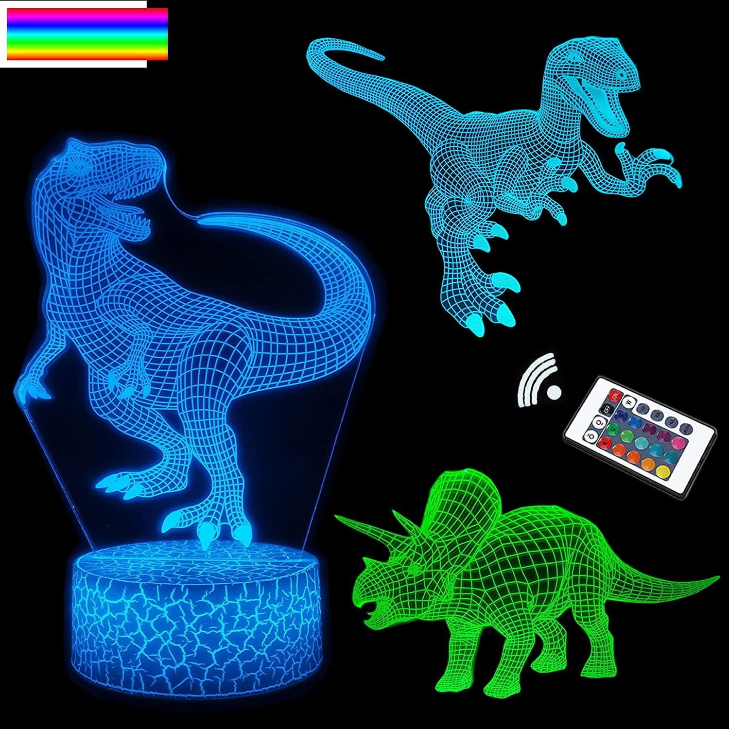 YSITIAN Dinosaur Night Light for Kids, 3 Patterns 16 Colors Dimmable LED 3D Illusion Lamp with Remote H1116-17