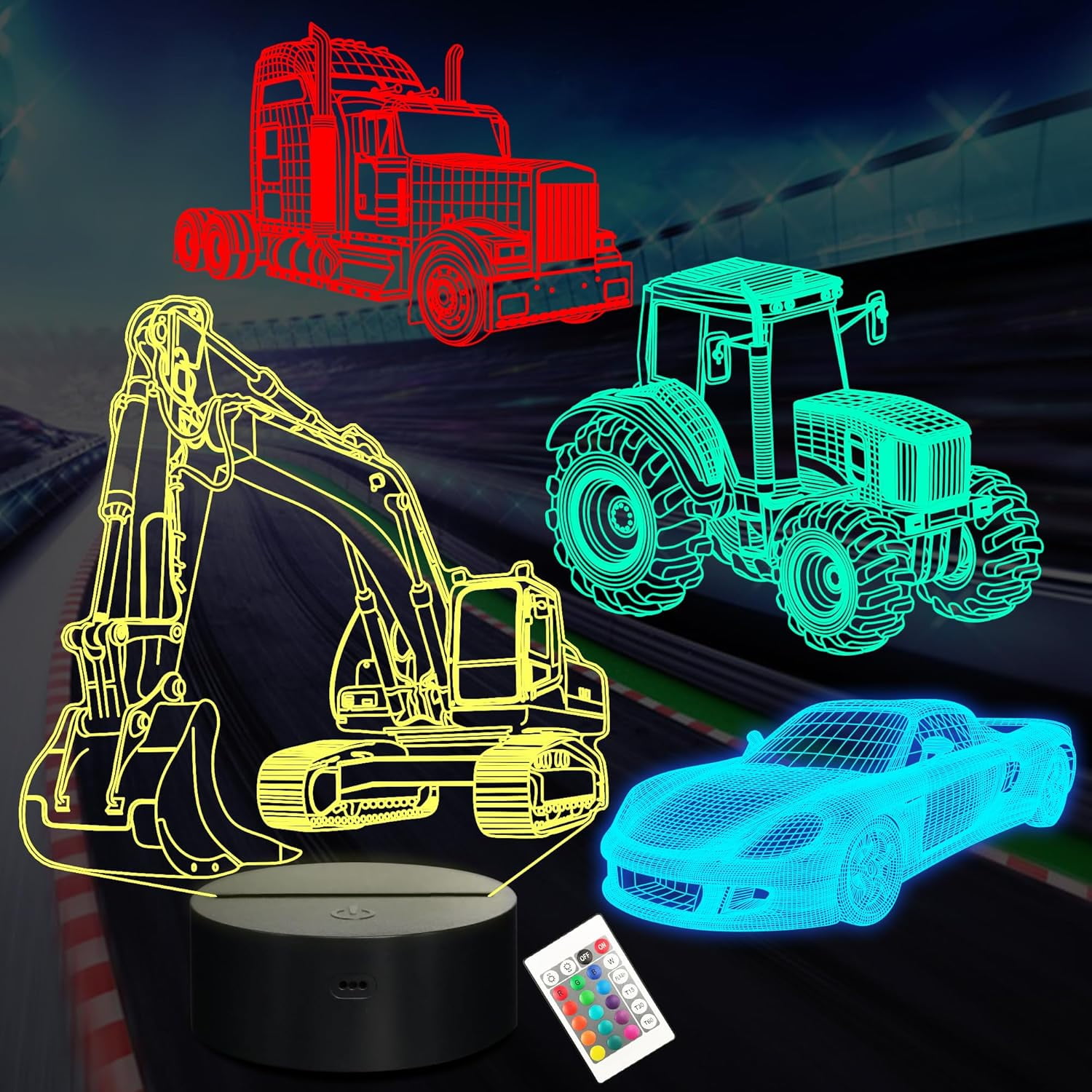 YSITIANNA 3D Car Lamp Night Light 3D Illusion lamp for Kids,Car,Truck,Tractor,Excavator,16 Colors Changing with Remote,Dimmable(4 Patterns) Kids Bedroom Decor Car Gifts for Boys Girls STNL#2405