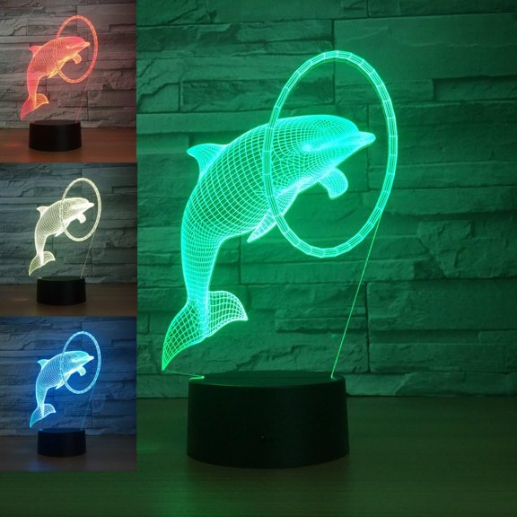 YSITIANNA 3D Dolphin Fish Night Light Table Desk Optical Illusion Lamps 7 Color Changing Lights LED Table Lamp Xmas Home Love Birthday Children Kids Decor Toy Gift STNL#3505
