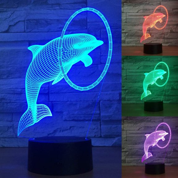 YSITIANNA 3D Dolphin Night Light Animal Lamp Illusion Night Light 7 Color Changing Touch Switch Table Desk Decoration Lamps Gift with Acrylic Flat ABS Base USB Cable Toy STNL#1613