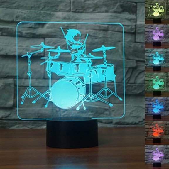 YSITIANNA 3D Drum Kit Night Light Lamp Illusion 7 Color Changing Touch Switch Table Desk Decoration Lamps Gift with Acrylic Flat ABS Base USB Cable Toy STNL#1970