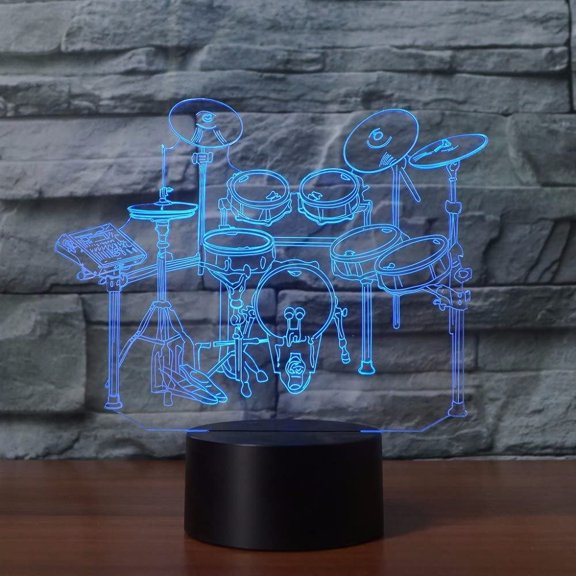 YSITIANNA 3D Rack Drum Set Night Light 16 Color Change LED Remote Control Table Desk Lamp Acrylic Flat ABS Base USB Charger Home Decoration Toy Birthday Xmas Kid Children Gift STNL#2487