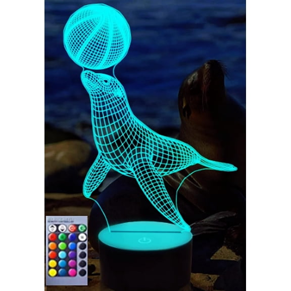 YSITIANNA 3D sea Lion Night Light Lamp Illusion Night Light 16 Color Changing Table Desk Decoration Lamps Gift Acrylic Flat ABS Base USB Cable Toy STNL#2071