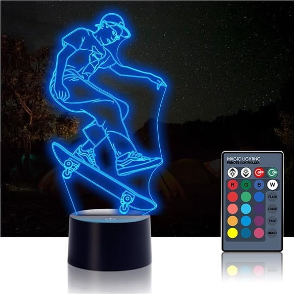 YSITIANNA Children's Sports Skateboard 2D Illusion Night Light Touch Table Desk Lamp, Remote Control 16 Color Changing Skateboard Light, Skateboard Gift, Xmas Gift, Including DIY Gift STNL#2464