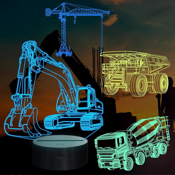 YSITIANNA Heavy Machinery 3D Lamp Kits,Excavators, Tower Cranes, Transit Mixers, Mining Dump Truck 3D Night Light for Kids (4 Patterns) with Remote Control & 16 Colors Light STNL#3196