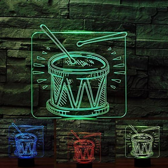 YSITIANNA Newest 3D Drum Set Night Light Music Desk Optical Illusion Lamps 7 Color Changing Lights LED Table Lamp Xmas Home Love Birthday Children Kids Decor Toy Gift STNL#3349