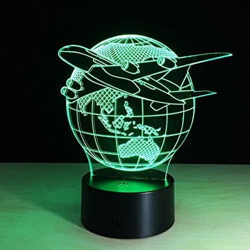 YSITIANNA World Earth Globe Airplane 3D Night Light Touch Switch Decor Table Desk Optical Illusion LED Lamps 7 Color Changing Lights Home Love Birthday Children Kids Decor Toy Gift STNL#3293