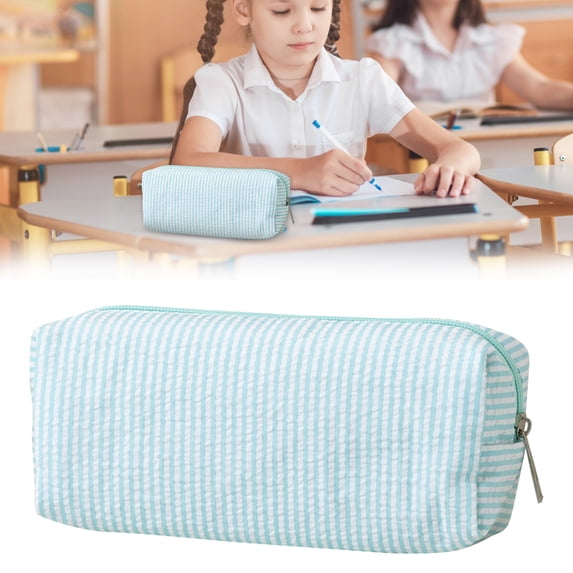 YSKING Sky Blue White Striped Seersucker Mini Pencil Pouch 8.26×3.14×2.95in Smooth Metal Zipper Compact Stationery Organizer Multi-Use Office Travel Cosmetic Storage Great Daily Carry