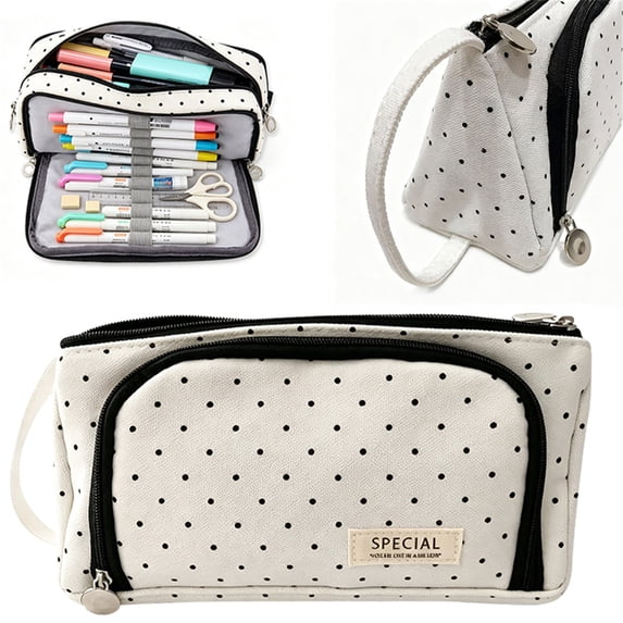 YSKING White Polka Dot Canvas Pencil Pouch 8.27in, Multi Zipper Large Capacity Stationery Bag, Portable Pen Case for Desktop Office Travel Storage, Practical Zipper Organizer Pouch, 1Pcs