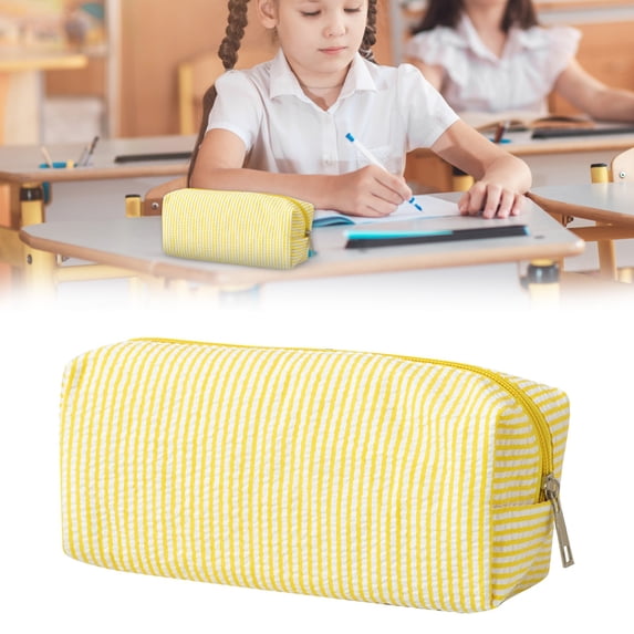 YSKING Yellow White Striped Seersucker Mini Pencil Pouch 8.26×3.14×2.95in Smooth Metal Zipper Compact Stationery Organizer Multi-Use Office Travel Cosmetic Storage Great Daily Carry