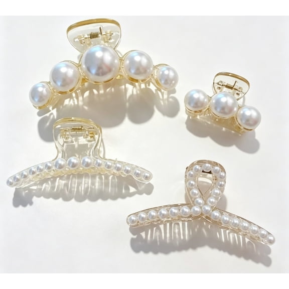 YSLX 4 Pcs Pearl Hair Claw Clips Set, Different Sizes Large Medium Small Pearl Hair Barrettes for Women Thick Thin Hair Styling Accessories