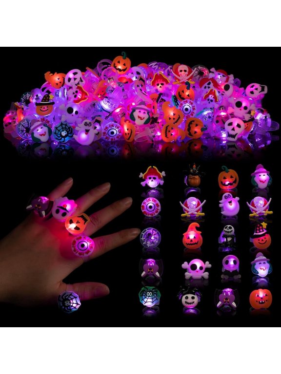 50 Pcs Halloween LightUp Rings, Flashing LED Finger Rings Assorted Pumpkin Skeleton Ghost Design for Halloween Party Decor