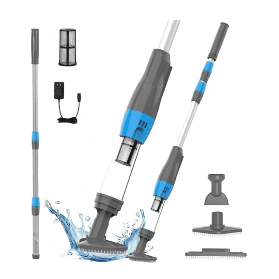 YSMJ Cordless Handheld Pool Vacuum, 90 Min Runtime Rechargeable Cleaner with Pole & Safety Detector for Small Above Ground Pools, Hot Tubs and Spas (Gray& Blue)