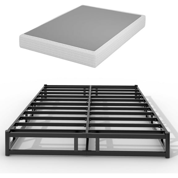 YSMW Box Spring Low Profile Bed Base Matel Mattress Foundation with Cotton Washable Cover Quiet Easy Assembly Sturdy Support for All Bed Types (Black, Full)