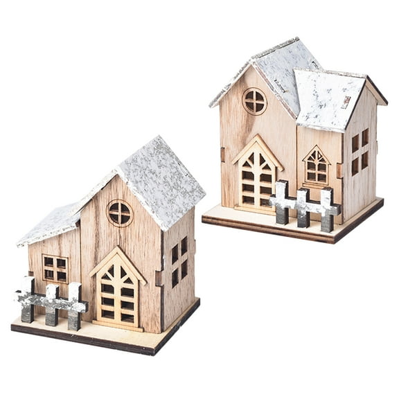 YSNOOWE 2Pcs Mini Christmas Village Luminous House Decor Christmas Luminous Wood Small House Wooden Color