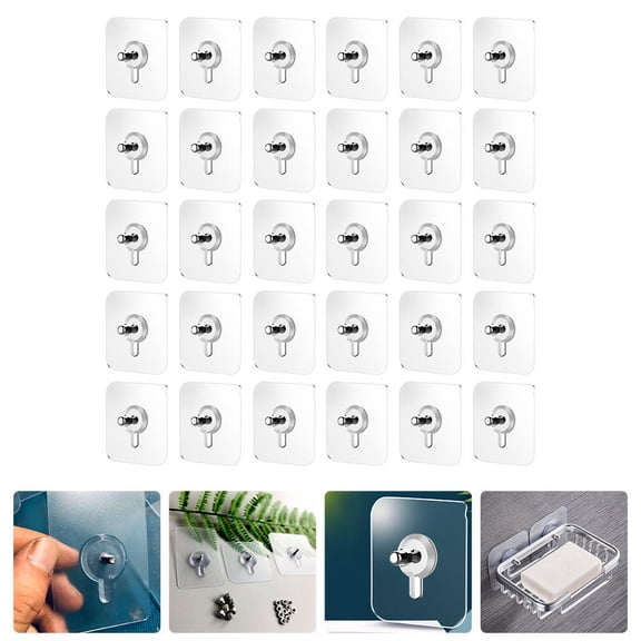 YSNOOWE 30Pcs Seamless Screw Adhesive Hooks Acrylic Wall Hangers Transparent for Renters Decor
