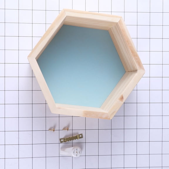 YSNOOWE Blue Hexagonal Wood Rack Wall Mount Decorative Shelf for Displaying Frames and Accessories