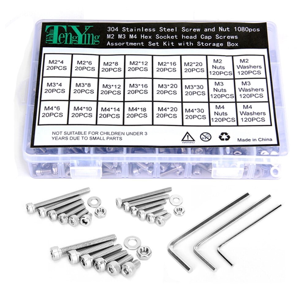 YSNOOWE 1080Pcs 304 Stainless Steel Socket Screw Nut Washer Kit with Flat Washers for Home and Industrial Use