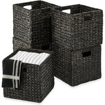 YSNW 10.5x10.5in Hyacinth Baskets, Rustic Set Of 5 Multipurpose Collapsible Storage Organizer, Handwoven Laundry Totes for Bedroom, Living Room, Shelves - Black