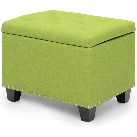 YSNW 25 Inches Storage Ottoman, Upholstered Tufted Linen Foot Rest Stool with Hinged Lid, for Living Room, Bedroom, Entryway, Load up to 600 lbs, Green
