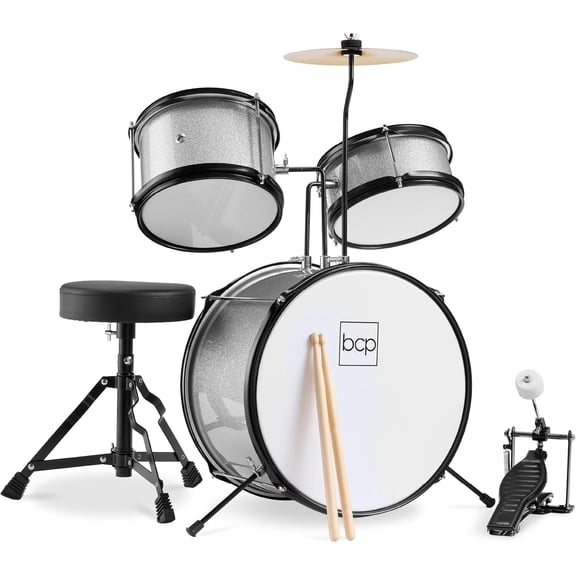 YSNW 3-Piece Beginner Drum Set for Kids Juniors, w/Throne Stool, Cymbal, Drum Sticks, Bass Drum Pedal, 2 Toms - Silver Sparkle
