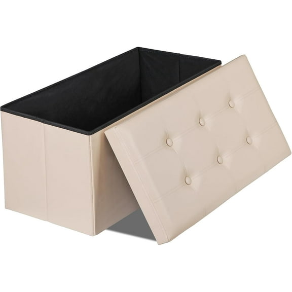 YSNW 30 Inches Folding Storage Ottoman Bench with Divider Padded Seat, Large Storage Footrest Faux Leather Chest for End of Bedroom Living Room Dorm, Beige