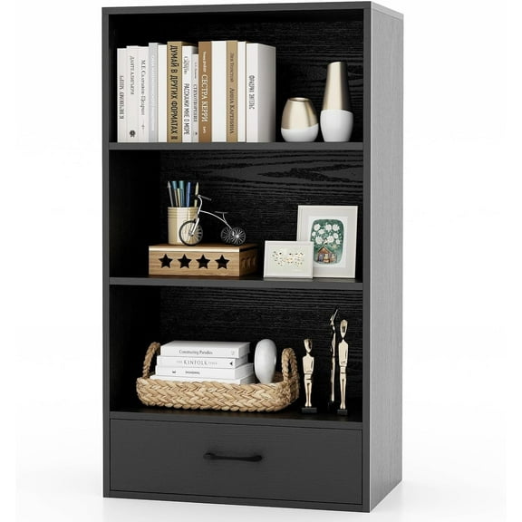 YSNW 4-Tier Bookcase with Drawer, 42.5” Freestanding Bookshelf with 3 Open Display Shelves & 2 Anti-Tipping Kits, Modern 3-Cube Storage Organizer for Bedroom, Living Room, Home Office (Black)