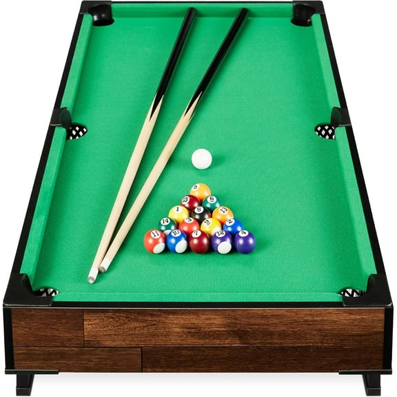 YSNW 40in Tabletop Billiard Table, Pool Arcade Game Table for Living Room, Game Room w/ 2 Cue Sticks, Ball Set, Storage Bag（Walnut）