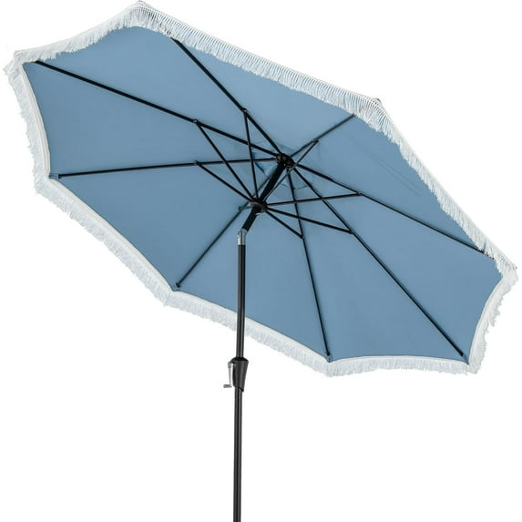 YSNW 9 FT Patio Umbrella with Fringe, Vented Top, Outdoor Tassel Table Umbrella with Push Button Tilt, Crank, Heavy-Duty Market Sunshade for Yard Garden Pool (Blue)