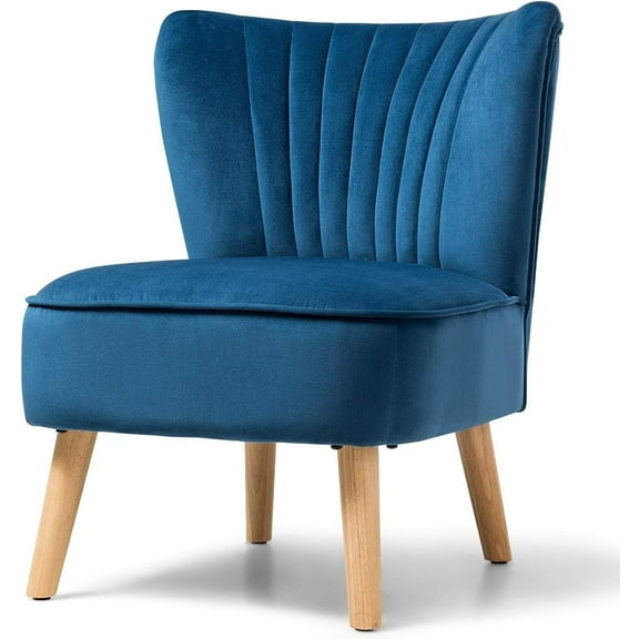 YSNW Accent Chair, Comfy Velvet Upholstered Sofa Chair w/Wood Legs, Mid Century Modern Side Chair w/Thick Sponge Cushion, Armless Wingback Corner Chair for Living Room, Bedroom(Blue)