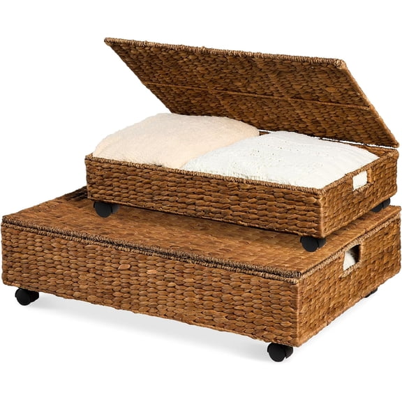 YSNW Under Bed Storage Containers W/Lid, Wheels and Handles, 2-Pack Large Handwoven Water Hyacinth Closet Organizer, Shoe Storage Bins, Multi-Purpose Nesting Baskets - Chestnut