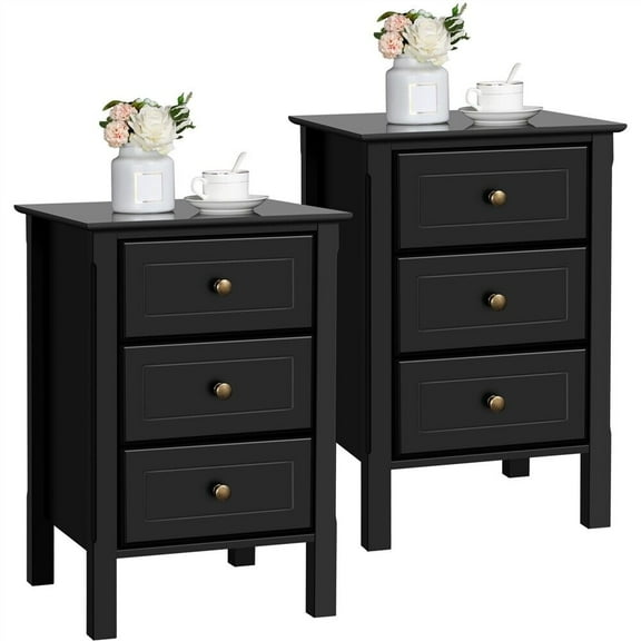 YSNW Bedside Table Set of 2, Nightstand with 3 Drawer and Solid Wood Legs, Accent Night Stand with Storage Cabinet for Home Office/Small Space, 16″ D × 16″ W × 24″ H, Black