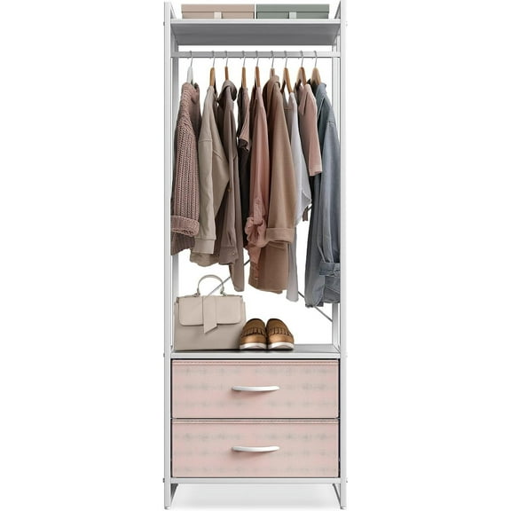 YSNW Clothing Rack with Drawers - Clothes Stand Dresser - Wood Top, Steel Frame, & Fabric Drawers - Tall Closet Storage Organizer - Garment Rack for Hanging Shirts, Dresses, & Jackets(Pink)