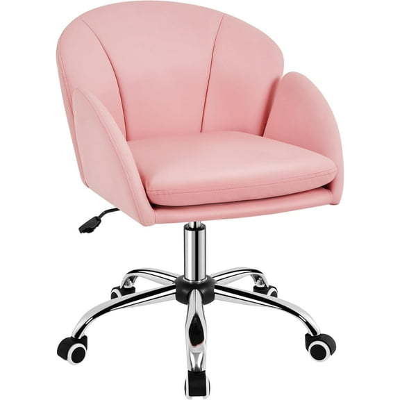 YSNW Cute Petal Desk Chair Home Office Chair Swivel Upholstered Leather Desk Chair Makeup Vanity Chair with Armrests for Bedroom Modern Computer Rolling Chair for Women Simple Pink