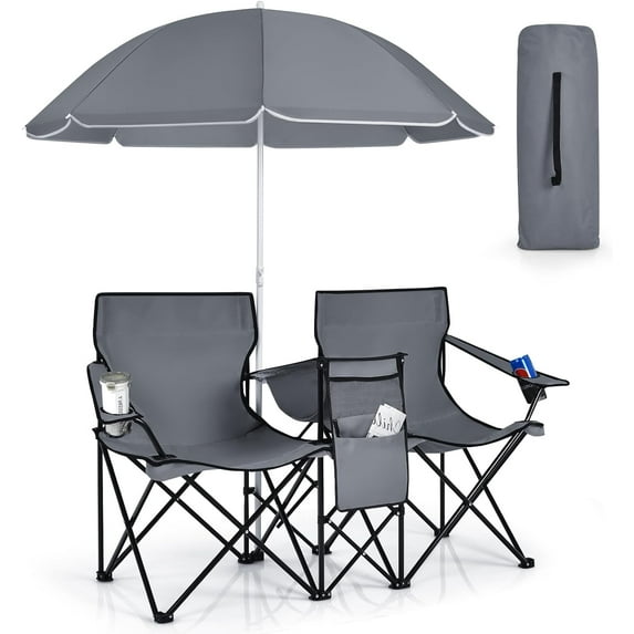YSNW Double Camping Chair, Folding Camp Chair with Removable Umbrella, Cup Holders, Cooler Bag, Side Pocket & Carry Bag, 2-Person Beach Chair for Outdoor, Sports, Concerts, Travel, Picnic (Grey)