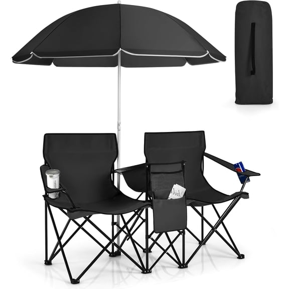 YSNW Double Camping Chair, Folding Camp Chair with Removable Umbrella, Cup Holders, Cooler Bag, Side Pocket & Carry Bag, 2-Person Beach Chair for Outdoor, Sports, Concerts, Travel, Picnic (Black)