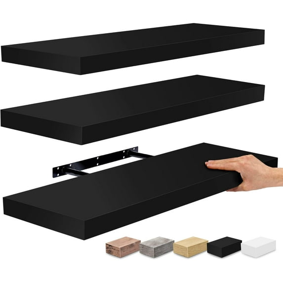 YSNW Floating Shelves for Wall - 24" Bathroom Shelves, Wall Decor for Bedroom, Kitchen, Living Room, Home Decor & Book Storage - Mounted Floating Shelf with Invisible Brackets (Black, 3 Pack)