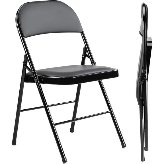 YSNW Folding Chairs 2 Pack, Portable Stackable Commercial Chair, Indoor Outdoor Padded Leather Chair with Sturdy Metal Frame, for Home, Office, or Party Events.(Black)