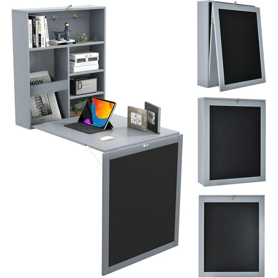 YSNW Folding Wall Desk, Wall Mounted Fold Out Table with Storage Shelves & Hooks, Hideaway Desk with Chalkboard, Floating Corner Desk for Small Spaces (Gray)