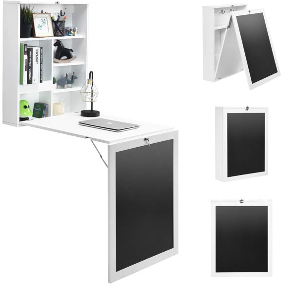 YSNW Folding Wall Desk, Wall Mounted Fold Out Table with Storage Shelves & Hooks, Hideaway Desk with Chalkboard, Floating Corner Desk for Small Spaces (White)