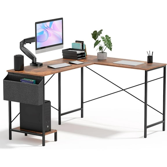 YSNW L Shaped Desk Gaming Computer 50 Inch Reversible Corner Table PC Work Table for Writing Study Student with Wood Tabletop Metal Frame CPU Stand Side Bag for Home Office Small Place（Brown）