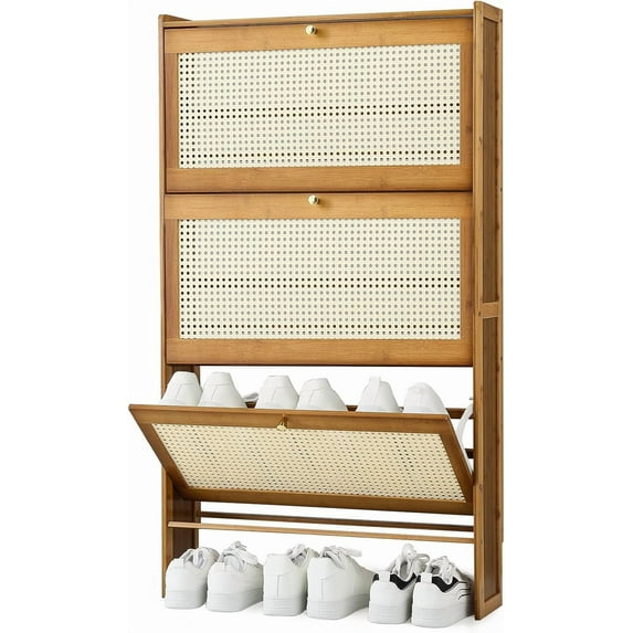 YSNW Narrow Shoe Cabinet for Entryway Slim Thin Bamboo Freestanding Shoe Storage with Flip Drawers for Hallway, Living Room (Brown, 47.5" x 27" x 7")