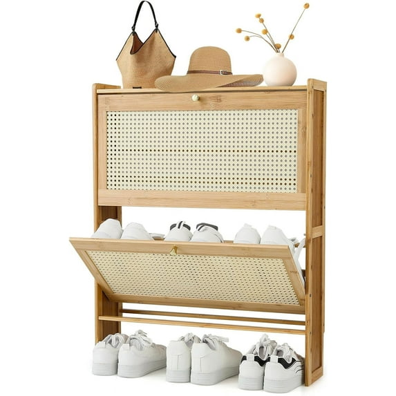 YSNW Narrow Shoe Cabinet for Entryway Slim Thin Bamboo Freestanding Shoe Storage with Flip Drawers for Hallway, Living Room (Natural, 34" x 27" x 7")